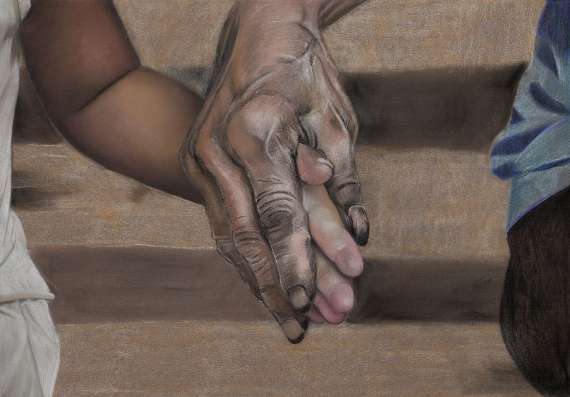 At the edges of the page we see a little of a child and an adult sat on a bench. They are holding hands between them, an old brown wrinkled hand gently clasping a young brown child’s hand. Fine art pastel portrait by Tamsin Dearing the artist, in Cornwall.